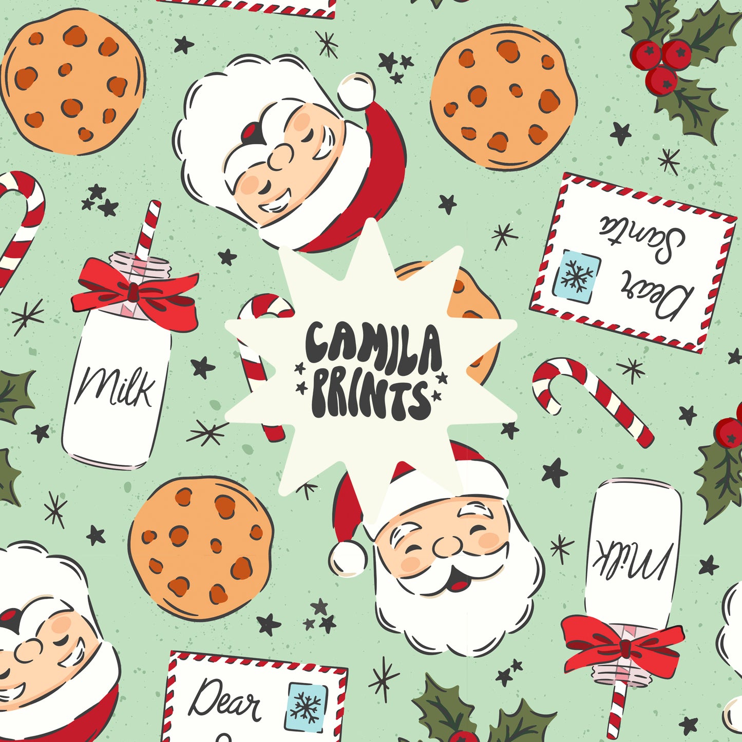 Christmas Santa Cookies and Milk Seamless File for Fabric Sublimation