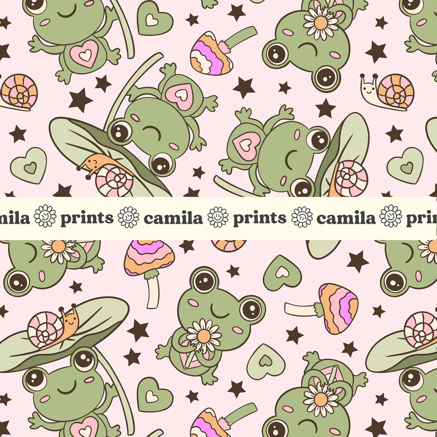 Frogs Pattern Spring Mushrooms Seamless Repeat Pattern for Fabric Sublimation