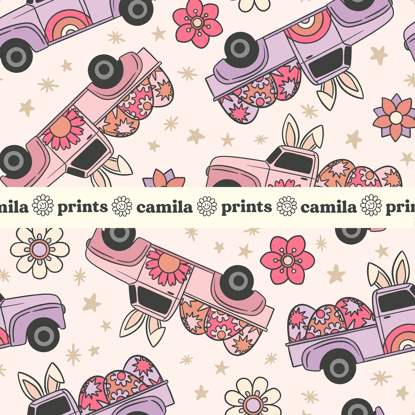 Easter Truck Pattern Spring Seamless Repeat Pattern for Fabric Sublimation