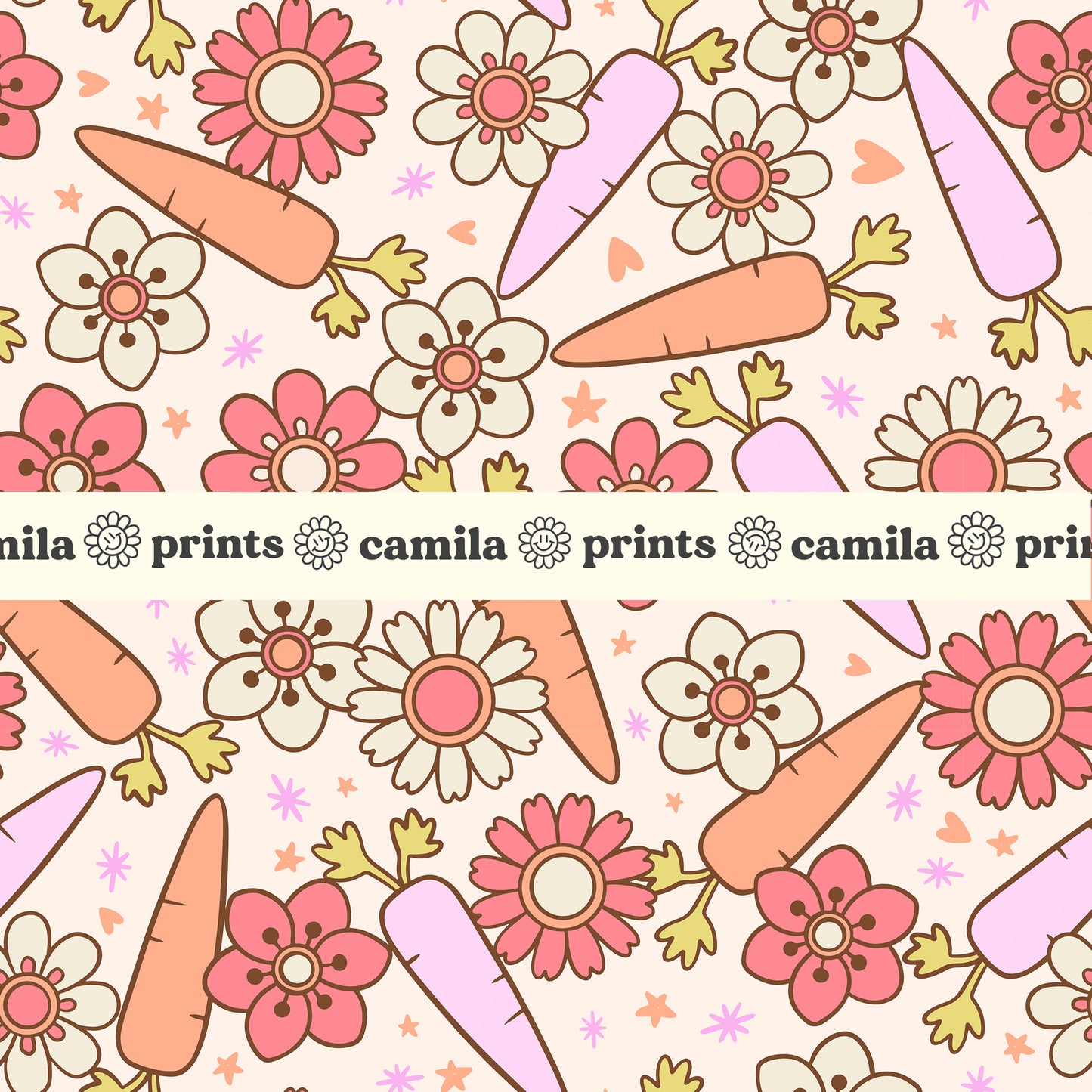 Spring Floral Pattern Easter Carrots Seamless Repeat Pattern for Fabric Sublimation
