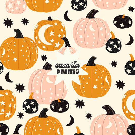 Pumpkins Fall Seamless Pattern Moon and Stars Boho Seamless Pattern for Commercial Use