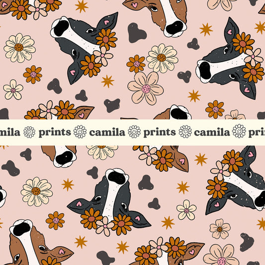 Cow Seamless File Floral Boho Seamless Pattern for Fabric Printing