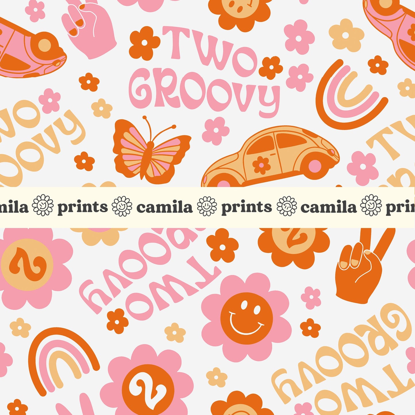 Two Groovy 2nd Birthday Seamless File Groovy Hippie Party Seamless Pattern for Sublimation
