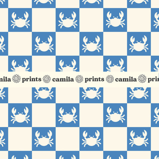 Summer Seamless File Crabs Blue Checkerboard Pattern for Fabric Sublimation