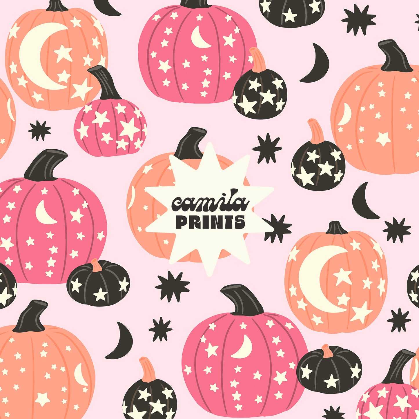 Pumpkin Pattern Moon Stars Seamless Repeat Pattern for Fabric Sublimation