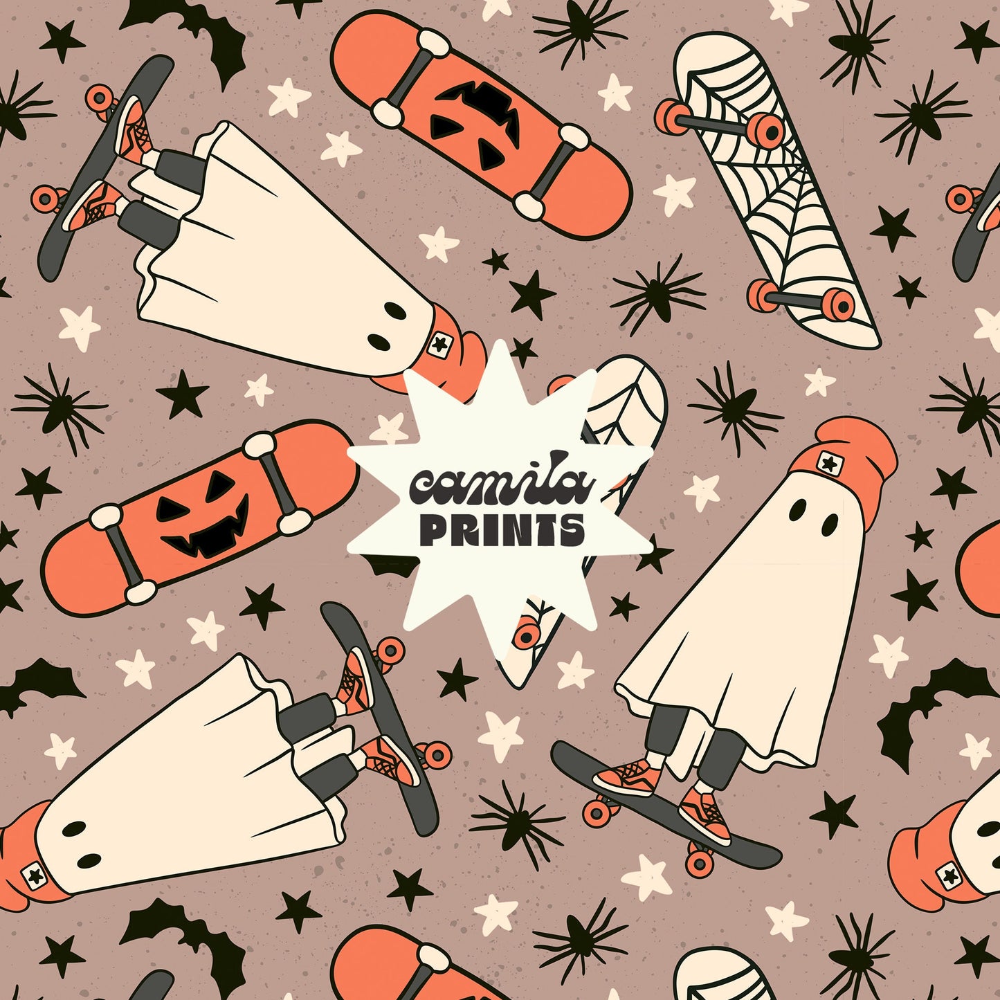 Boy Halloween Seamless Pattern Skate Ghosts Pattern File for Fabric Sublimation