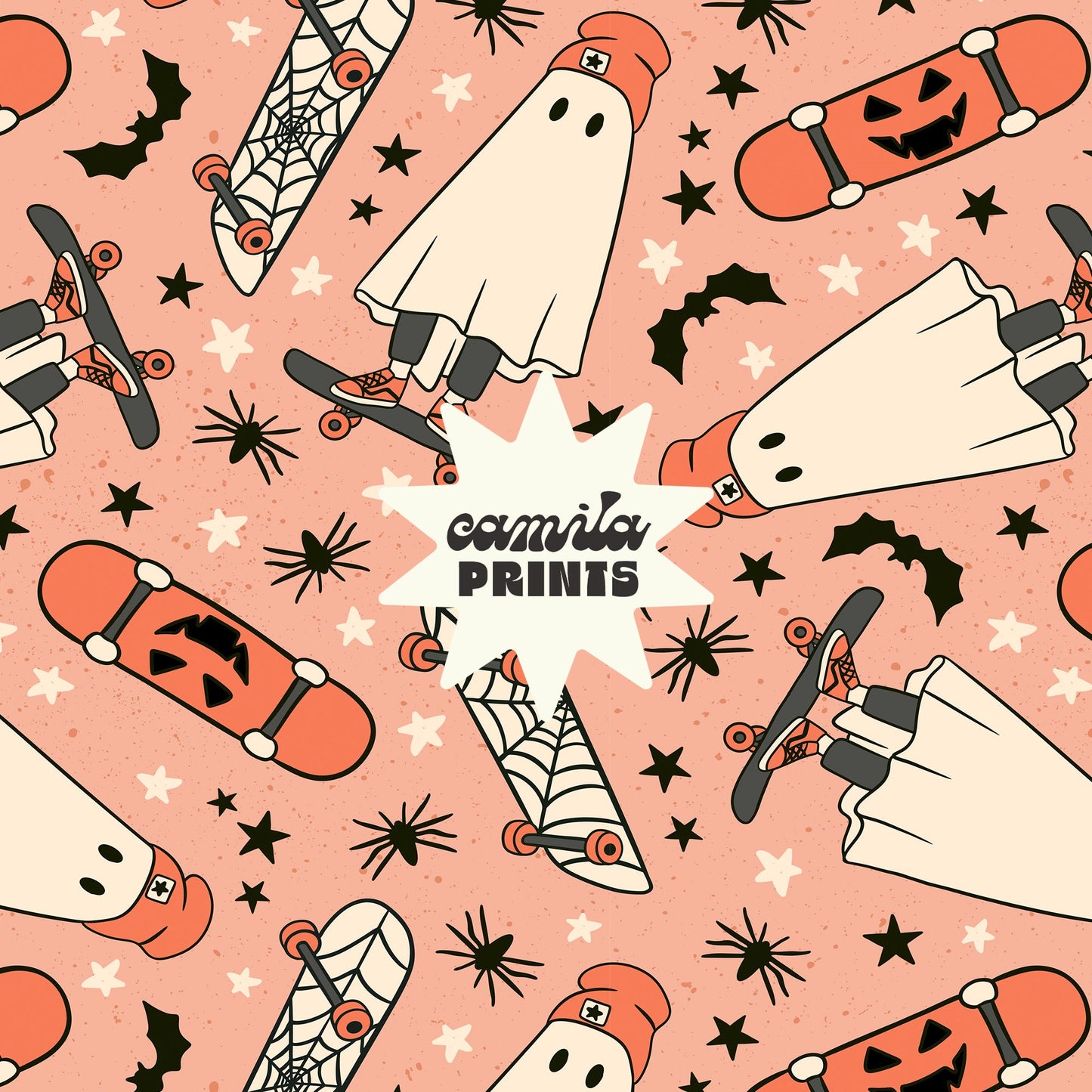 Boy Halloween Seamless Pattern Skating Ghosts Pattern File for Fabric Sublimation