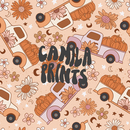 Fall Pattern Pumpkin Truck Seamless Repeat Pattern for Fabric Sublimation