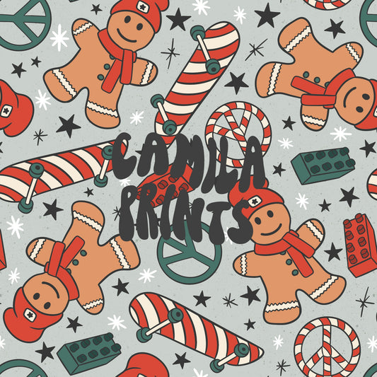 Boy Christmas Seamless Pattern Skateboard Gingerbread Cookie Pattern File for Fabric Sublimation