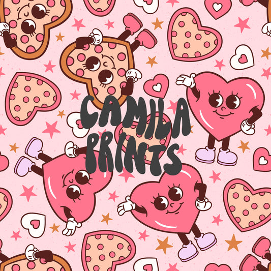 Valentines Pattern Pizza and Heart Mascots Seamless Repeat Pattern for Fabric Sublimation